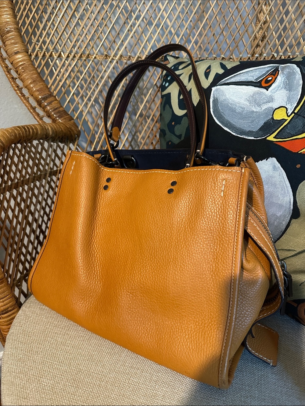 Coach Pebbled Leather Tote in Saddle Brown and Dark Brown Handles